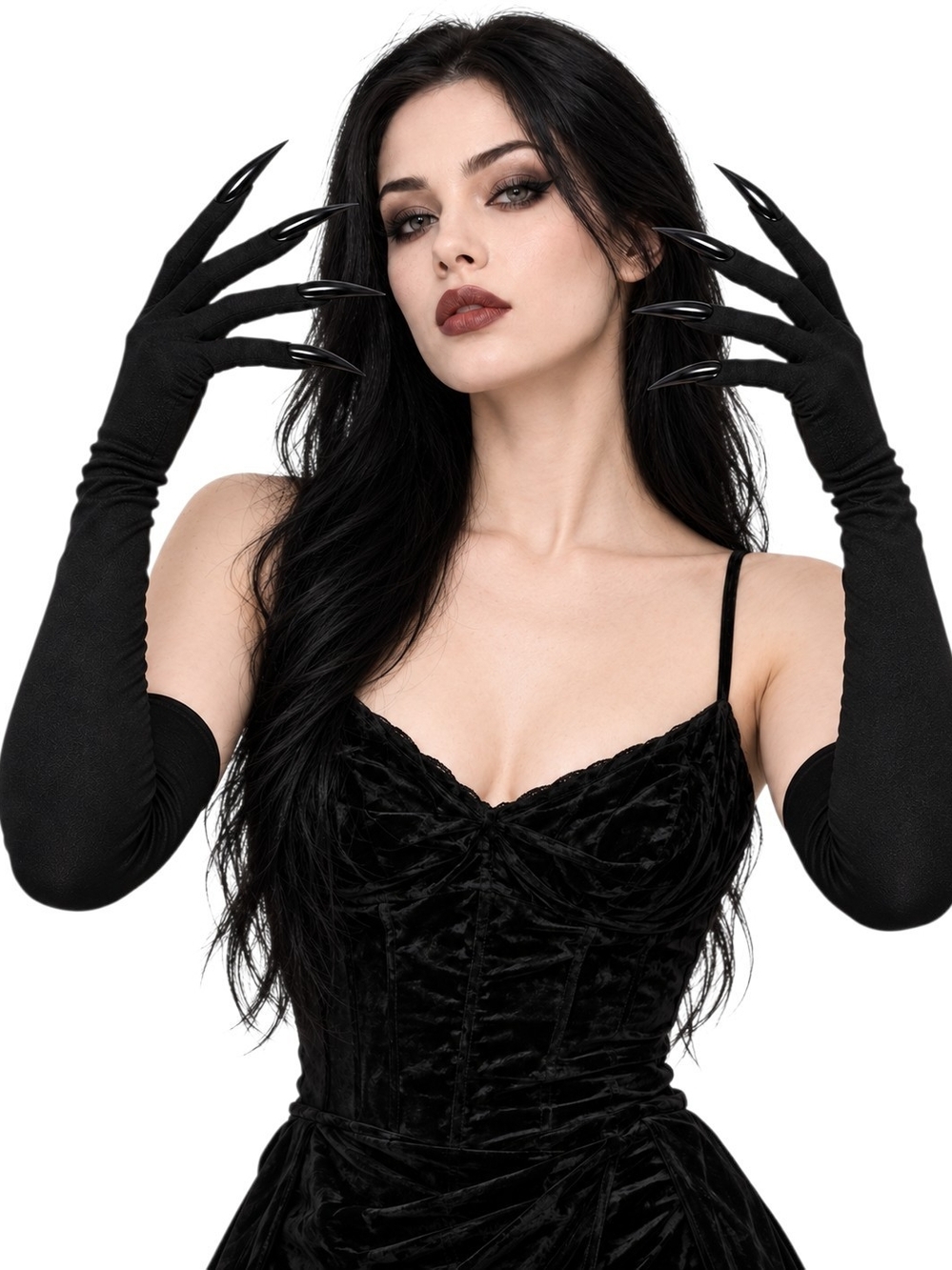 Long Black Satin Opera Nail Gloves